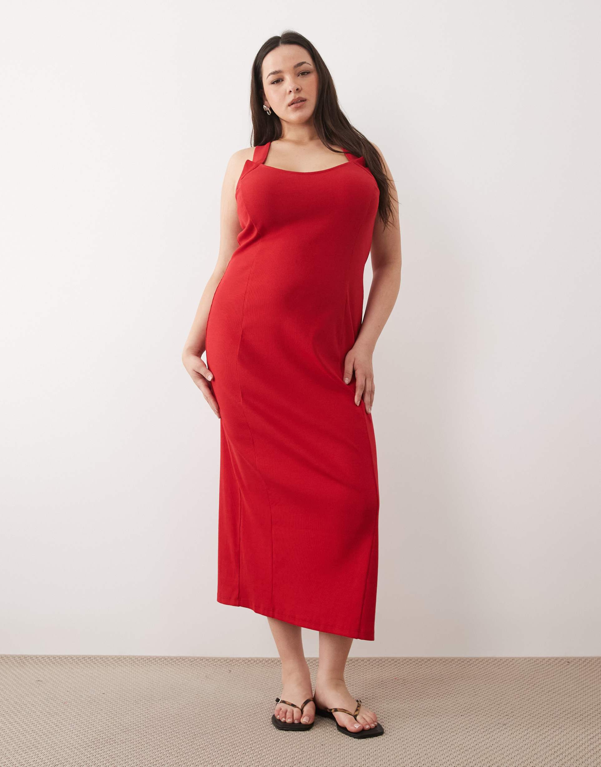asos design curve scoop front racer seam detail midi dress in red