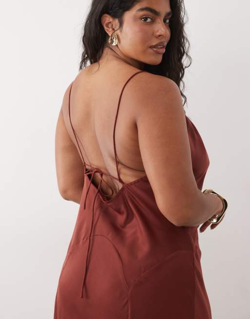 ASOS DESIGN Curve scoop neck bias cut midaxi dress in rust, 3 of 4