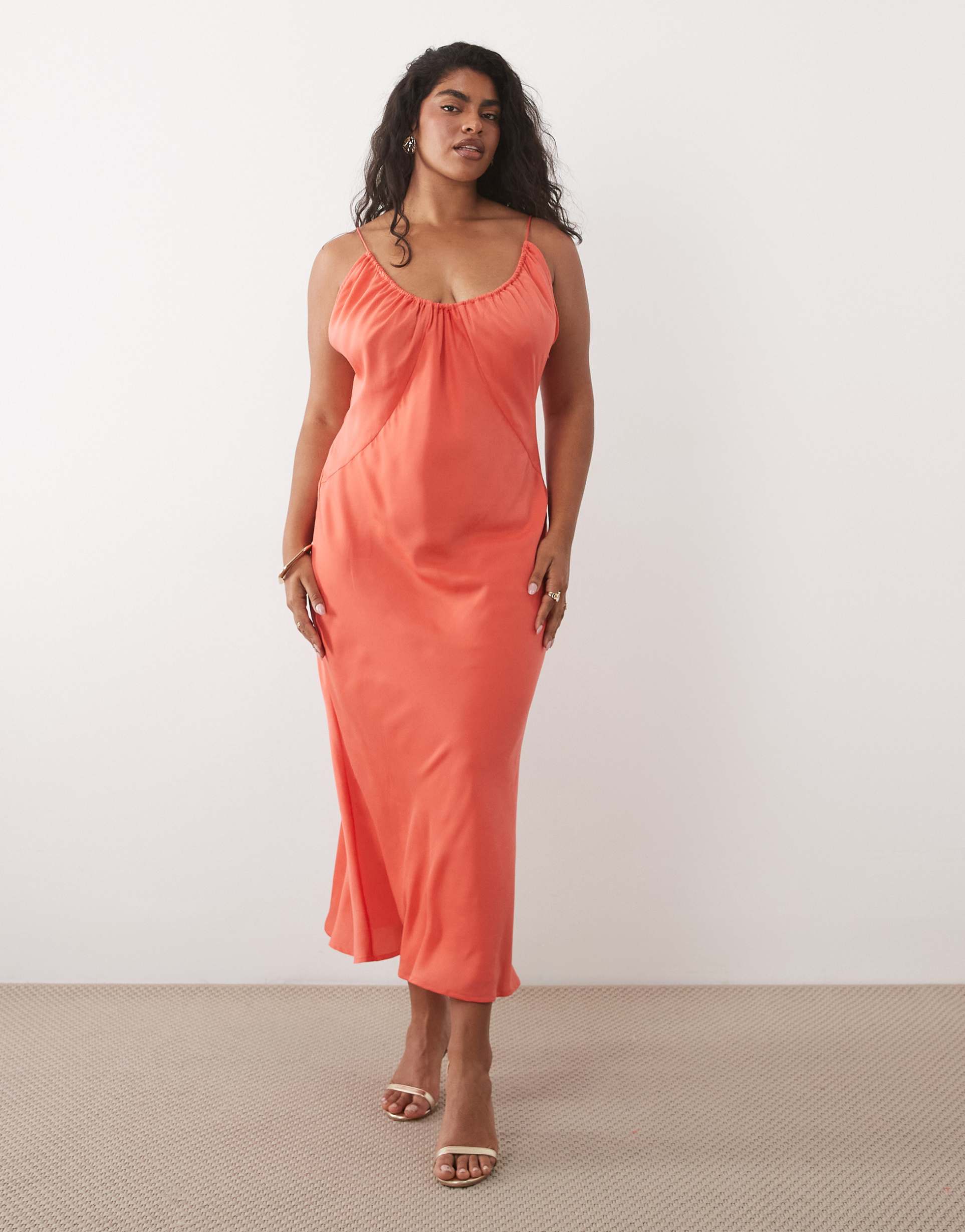 asos design curve scoop neck bias cut scarf neckline midaxi dress in coral