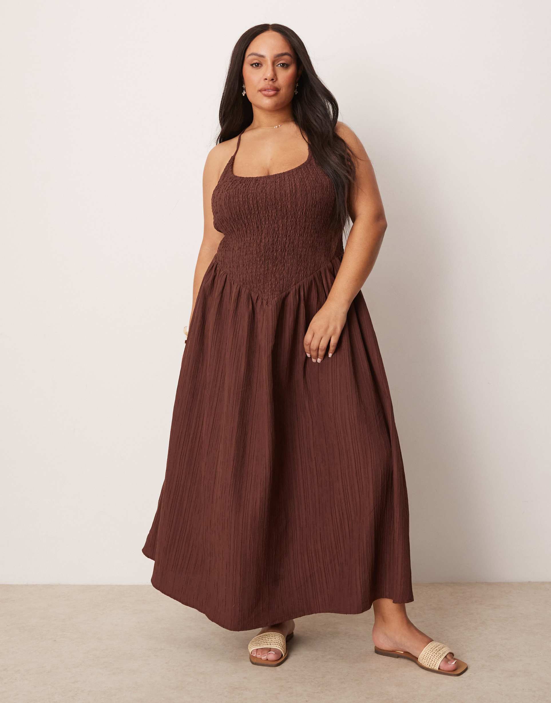 asos design curve scoop neck crinkle maxi dress with cross back in chocolate