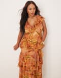 [ASOS Curve] ASOS DESIGN Curve scoop neck flutter sleeve ruffle tiered midaxi dress in yellow floral print-Multi 18 Yellow floral print