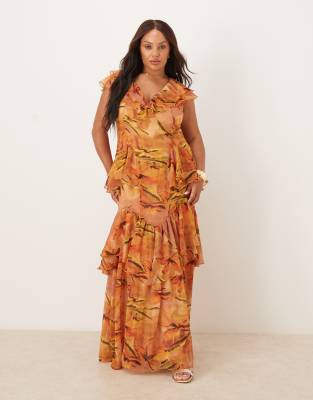 Asos Curve Asos Design Curve Scoop Neck Flutter Sleeve Ruffle Tiered Midaxi Dress In Orange