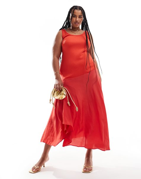 ASOS DESIGN Curve scoop neck hybrid rib and cupro midi dress in red - view 1
