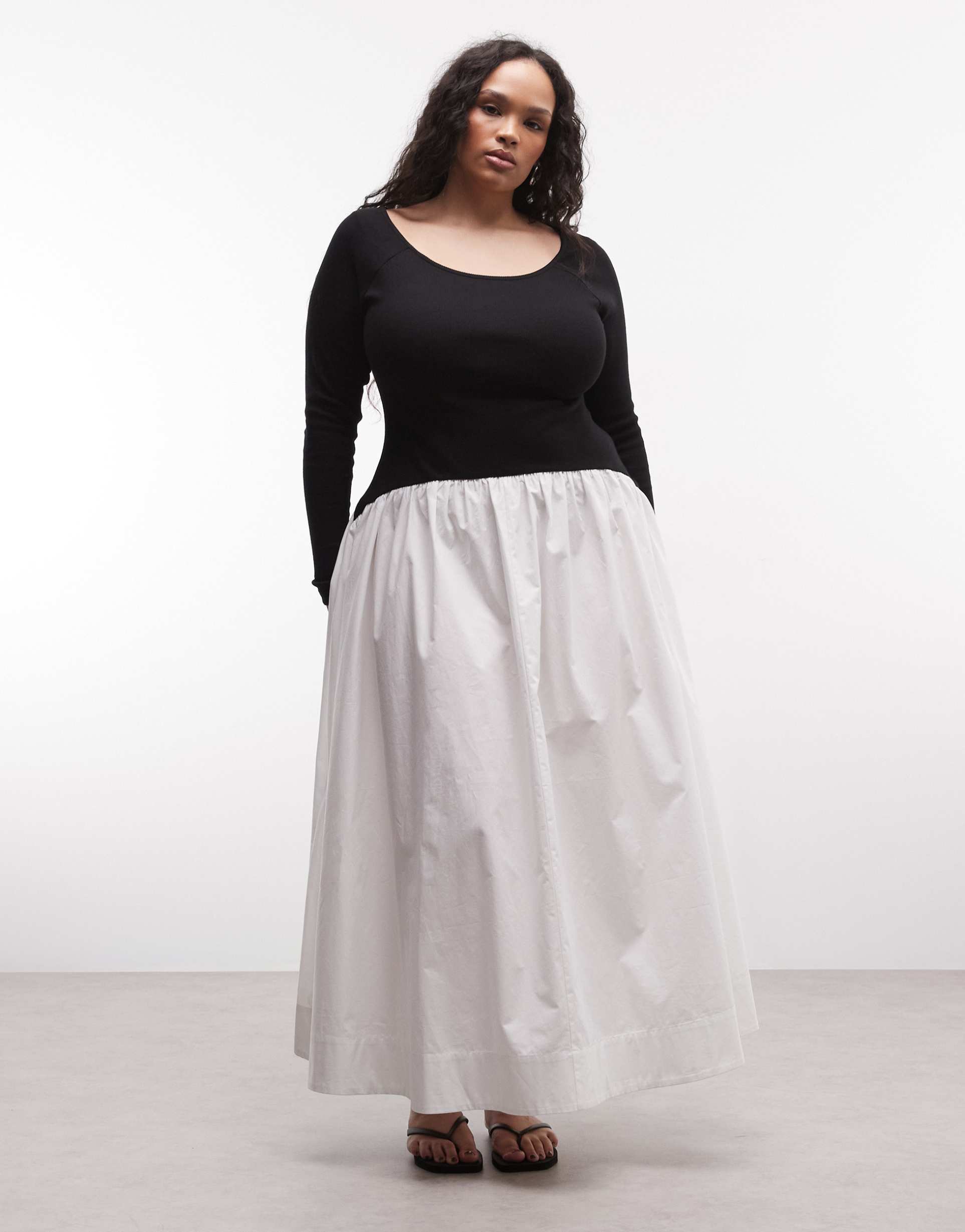 asos design curve scoop neck long sleeve hybrid maxi dress in black and white