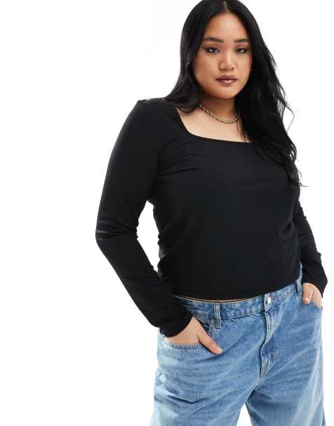 ASOS DESIGN Curve scoop neck long sleeve ribbed top in black - view 1