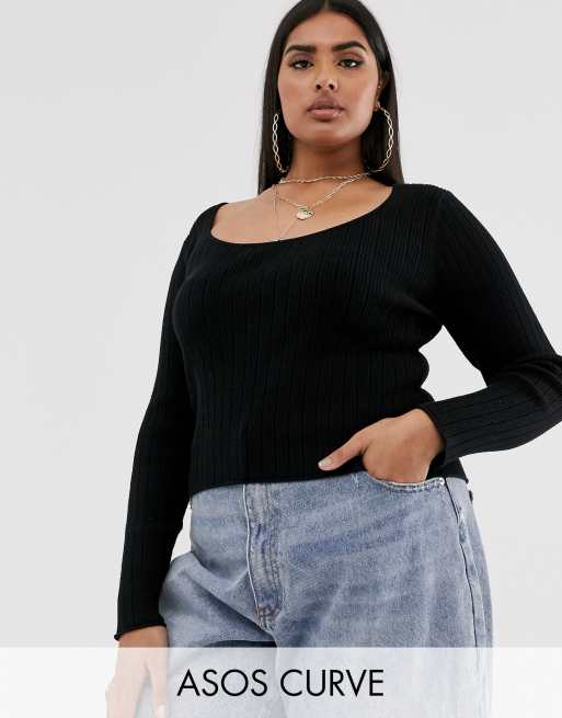 ASOS DESIGN Curve scoop neck long sleeve sweater in fine knit rib