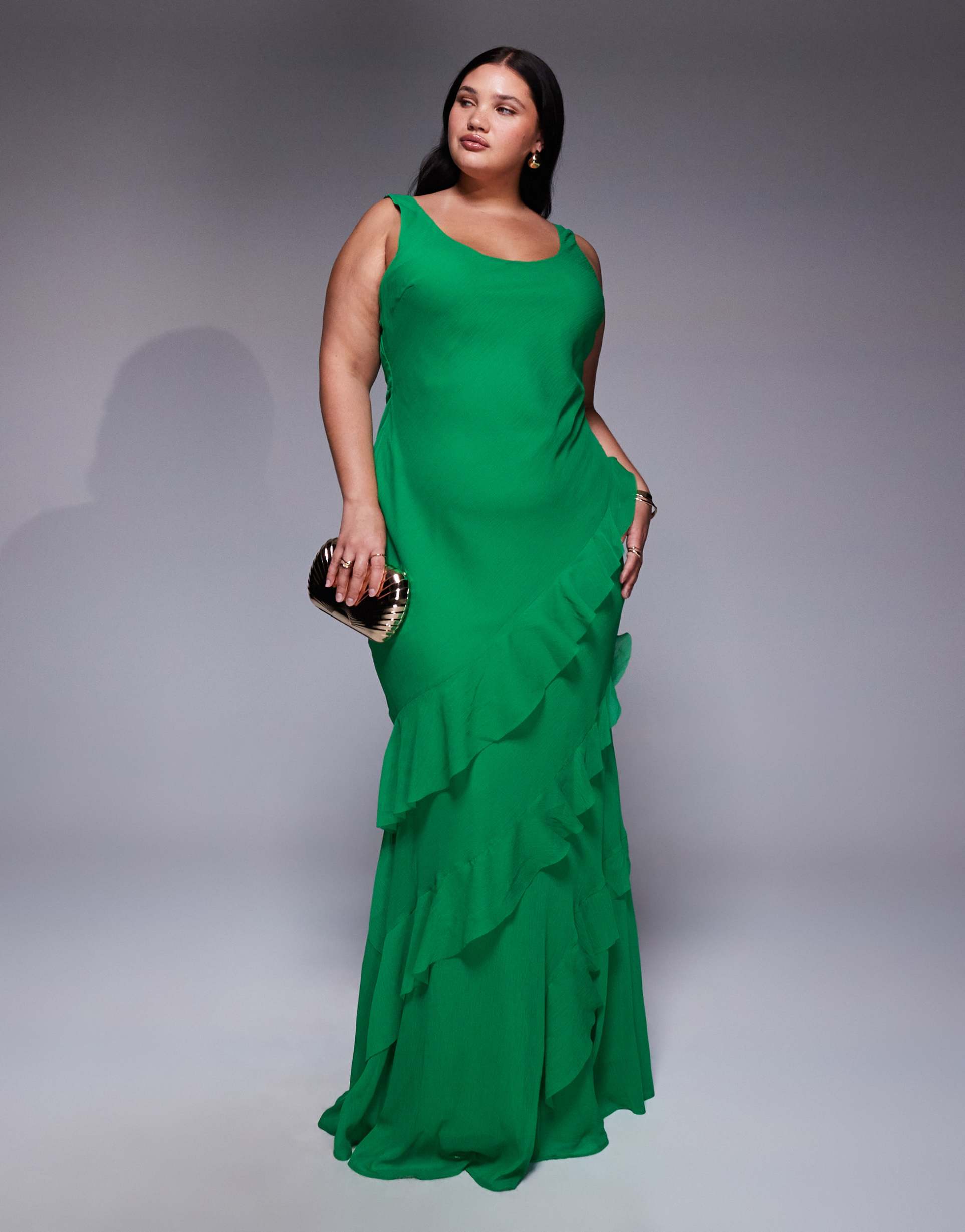 asos design curve scoop neck maxi dress with ruffle skirt and cut out back in bright green