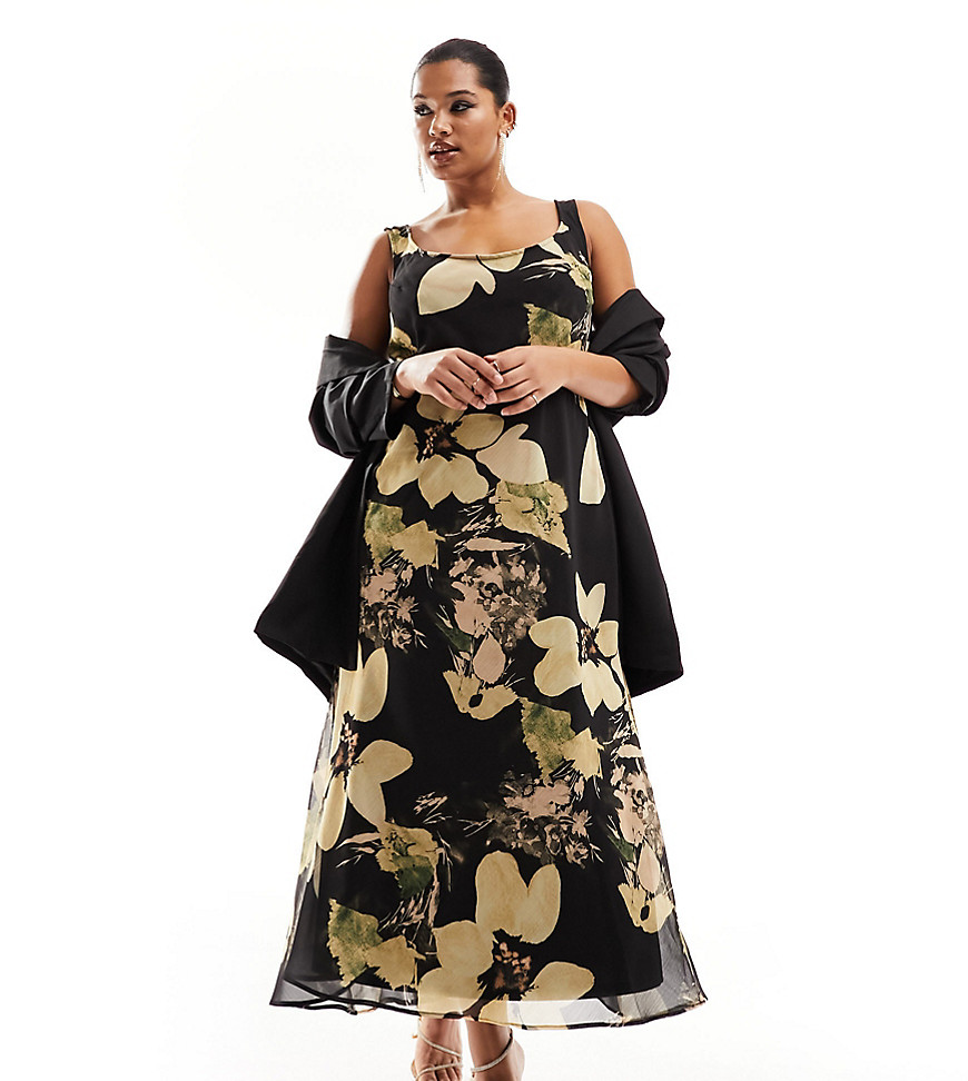 Asos Curve Asos Design Curve Scoop Neck Midi Slip Dress In Black Floral Print-multi