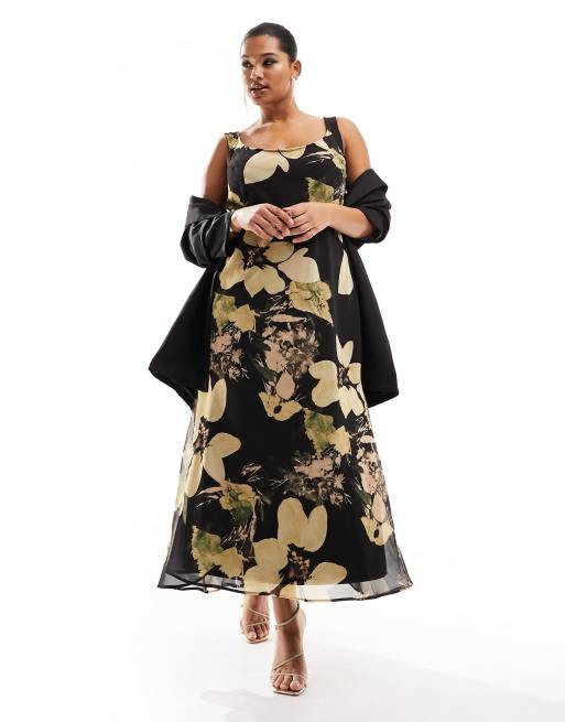 ASOS DESIGN Curve scoop neck midi slip dress in black floral print