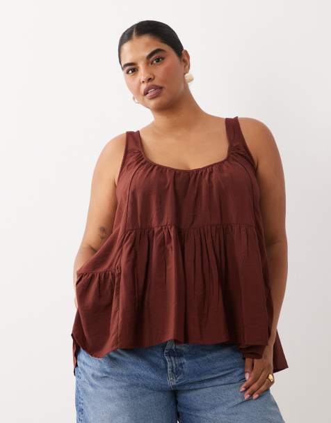 ASOS DESIGN Curve scoop neck peplum cami top in brown - view 1
