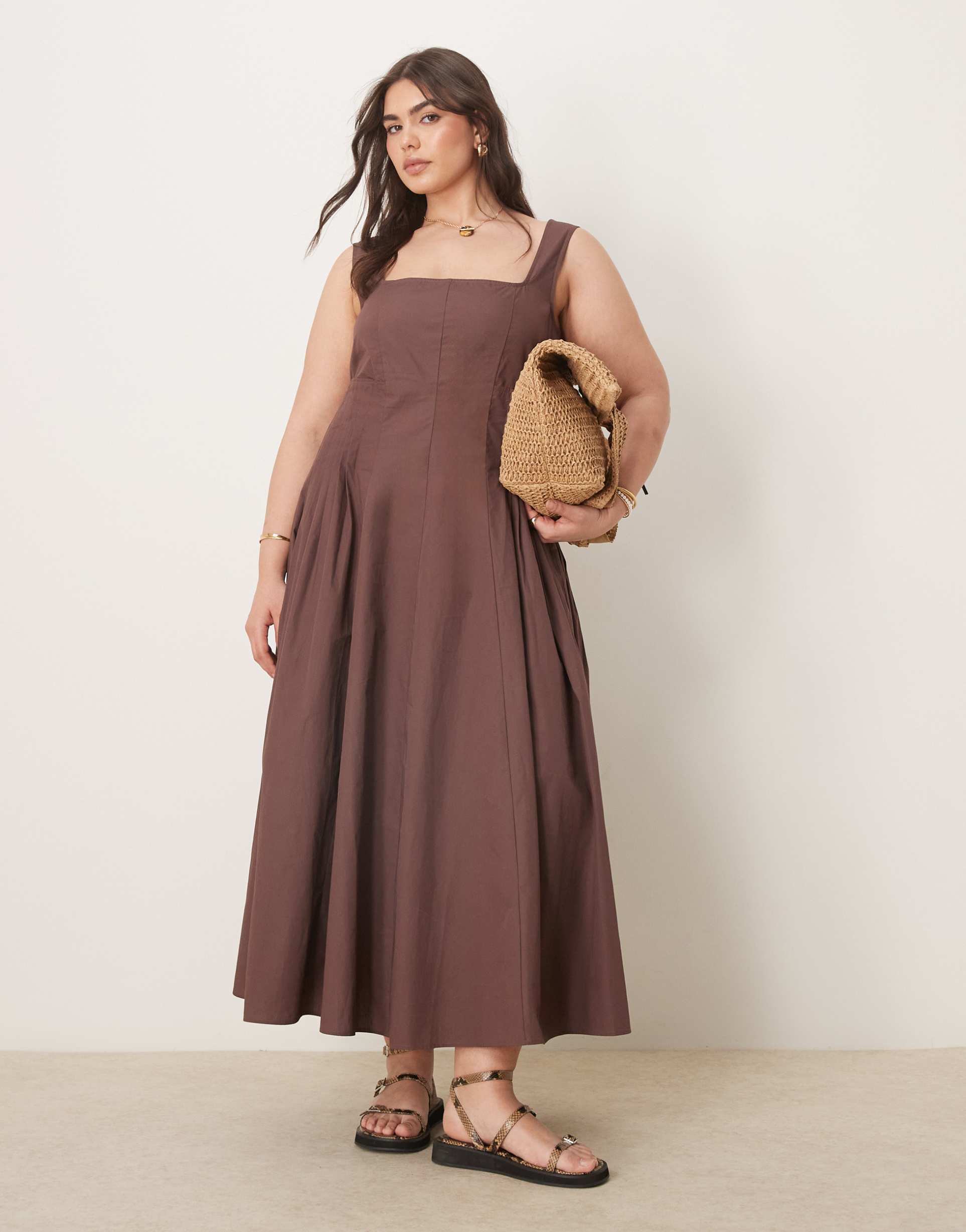 asos design curve scoop neck pleat waist midi dress in chocolate