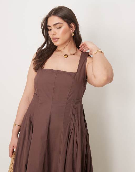 ASOS DESIGN Curve scoop neck pleat waist midi sundress in chocolate , 2 of 4