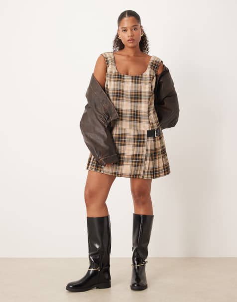 ASOS DESIGN CURVE scoop neck pleated mini dress in chocolate plaid - view 1