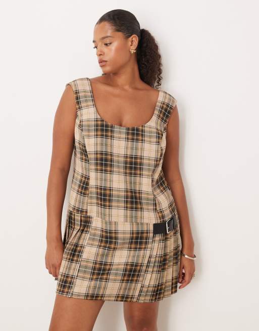 ASOS DESIGN CURVE scoop neck pleated mini dress in chocolate plaid