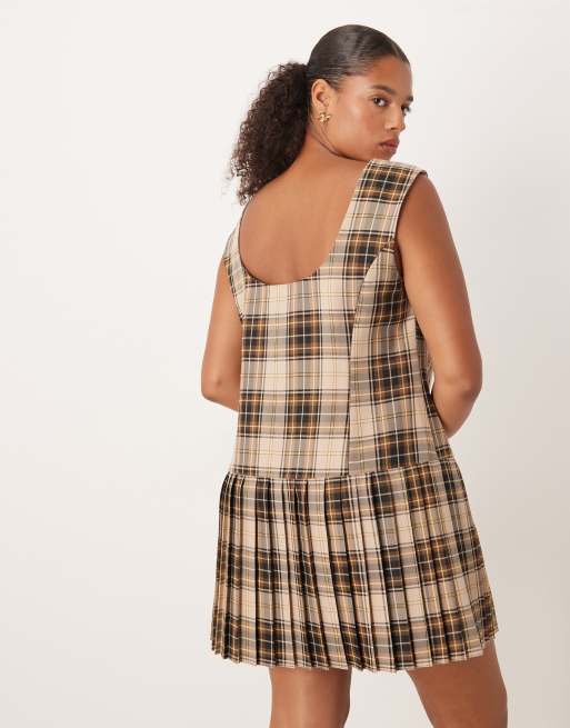ASOS DESIGN CURVE scoop neck pleated mini dress in chocolate plaid