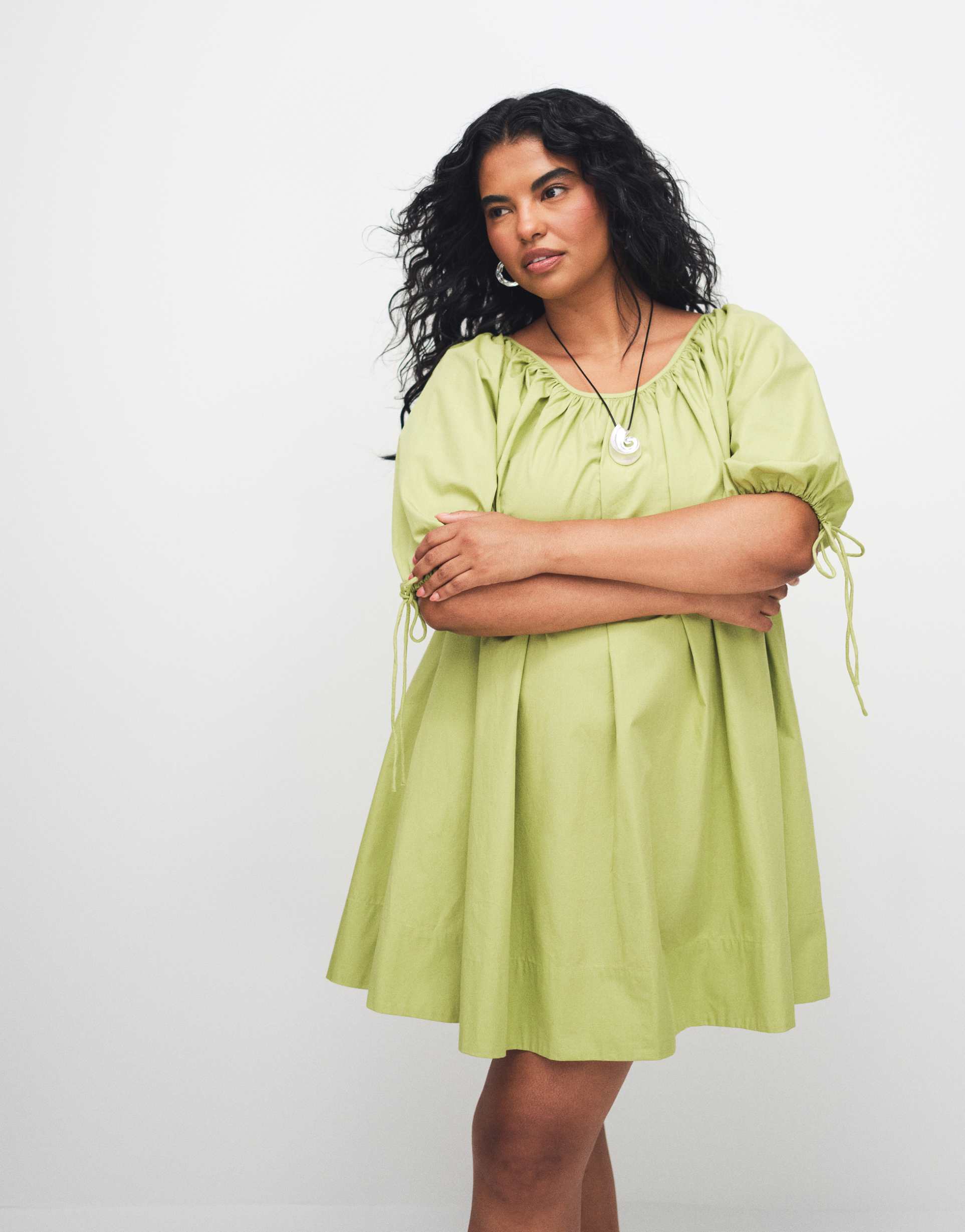 asos design curve scoop neck poplin mini dress with tie sleeves in green