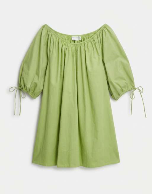 ASOS DESIGN Curve scoop neck poplin mini dress with tie sleeves in green, 5 of 8