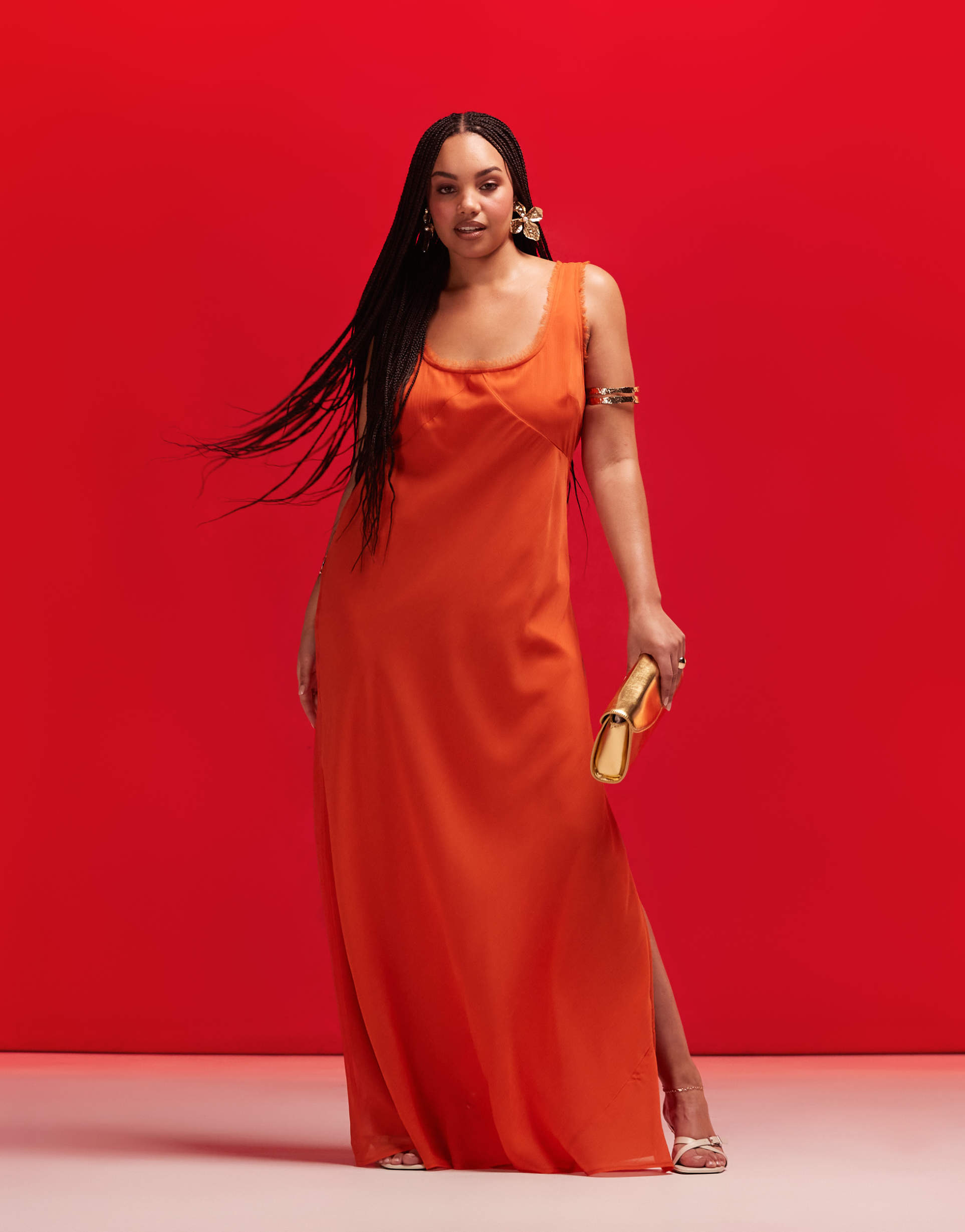 asos design curve scoop neck raw edge bias maxi dress in burnt orange