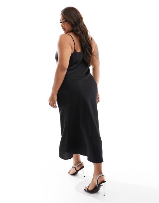 asos design scoop neck midi satin slip dress ASOS DESIGN scoop neck satin midi slip dress in black