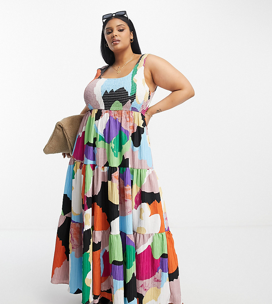 Asos Curve Asos Design Curve Scoop Neck Shirred Maxi Sundress In Abstract Print-multi