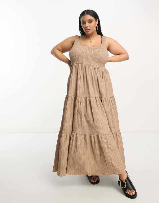 ASOS DESIGN Curve scoop neck shirred maxi sundress in taupe