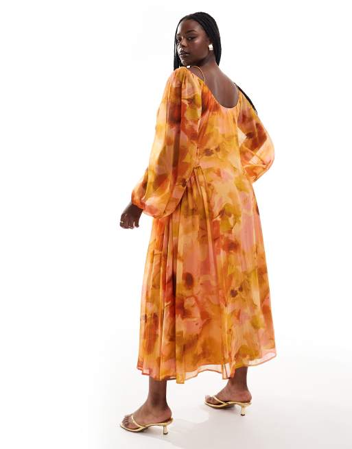 ASOS DESIGN Curve scoop neck shirred waist insert maxi dress in orange floral print
