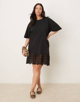 ASOS DESIGN Curve scoop neck t-shirt mini dress with lace hem