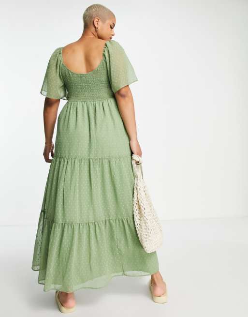 ASOS DESIGN Curve scoop neck textured maxi dress with raw edge in khaki, 2 of 4