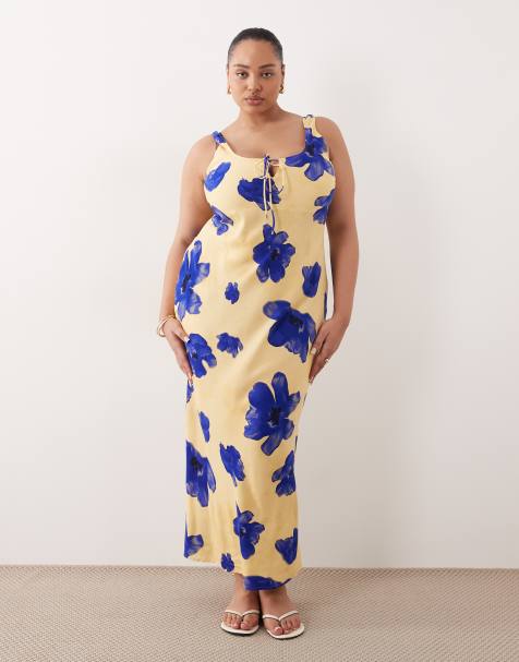 ASOS DESIGN Curve scoop neck tie front midi dress in blown out blue floral - view 1