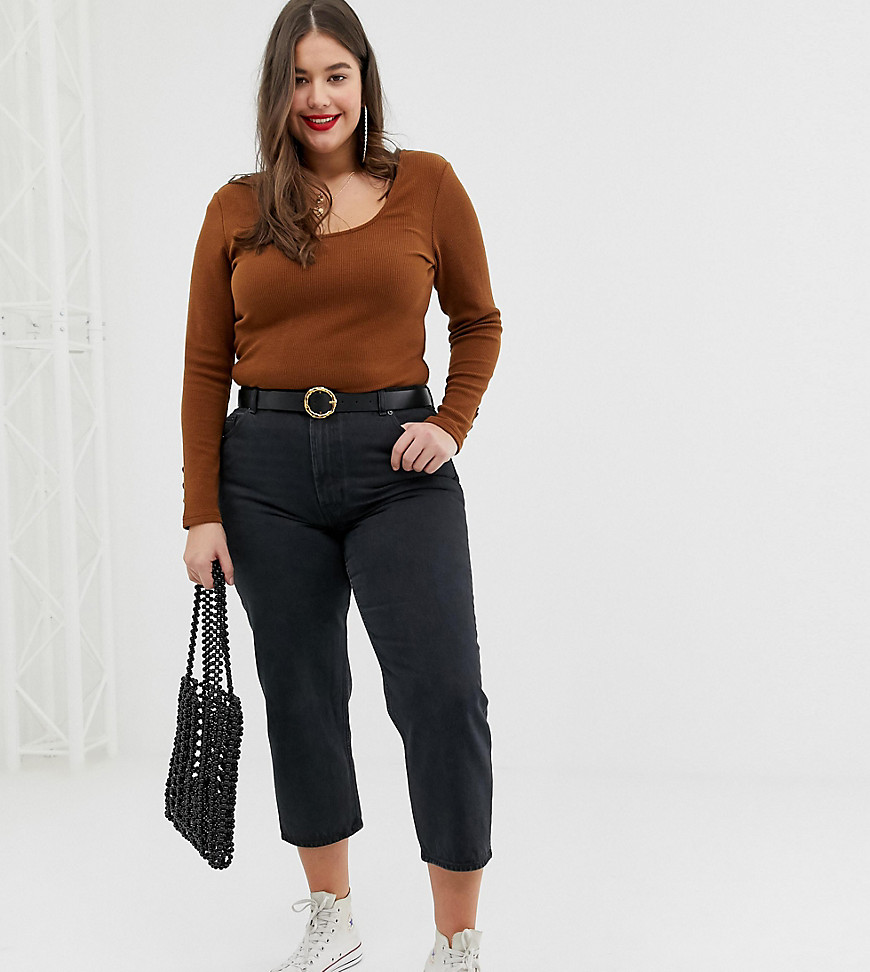 ASOS DESIGN Curve scoop neck top and long sleeve with buttons-Brown