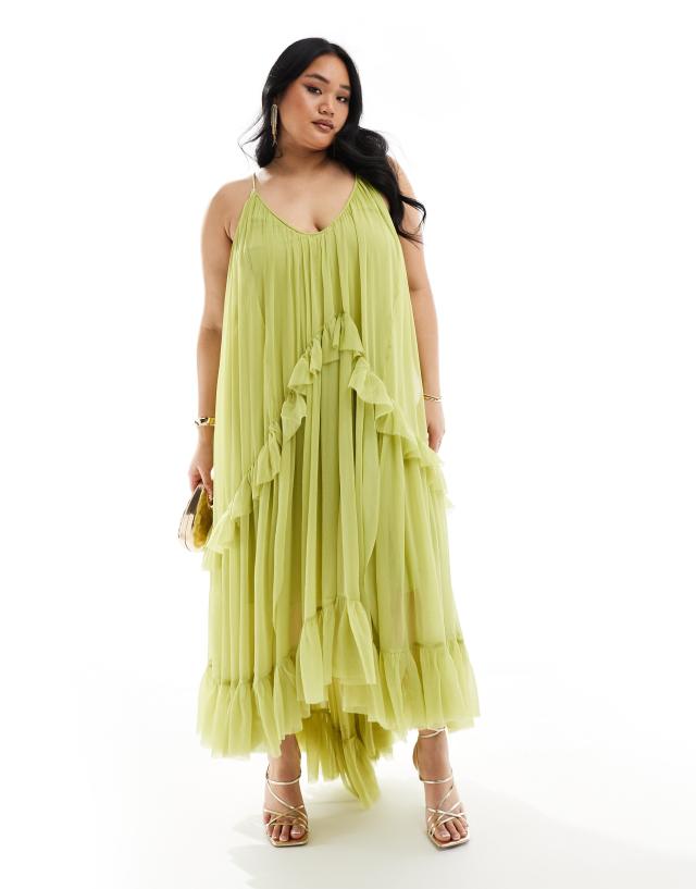 ASOS Curve - ASOS DESIGN Curve scoop neck trapeze maxi dress with frill in olive green