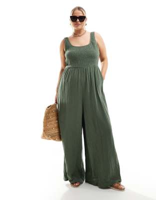 Asos Curve Asos Design Curve Scoop Neck Wide Leg Jumpsuit In Khaki-green