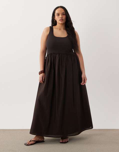 ASOS DESIGN Curve scoop ribbed bodice with poplin skirt midi dress in chocolate - view 1