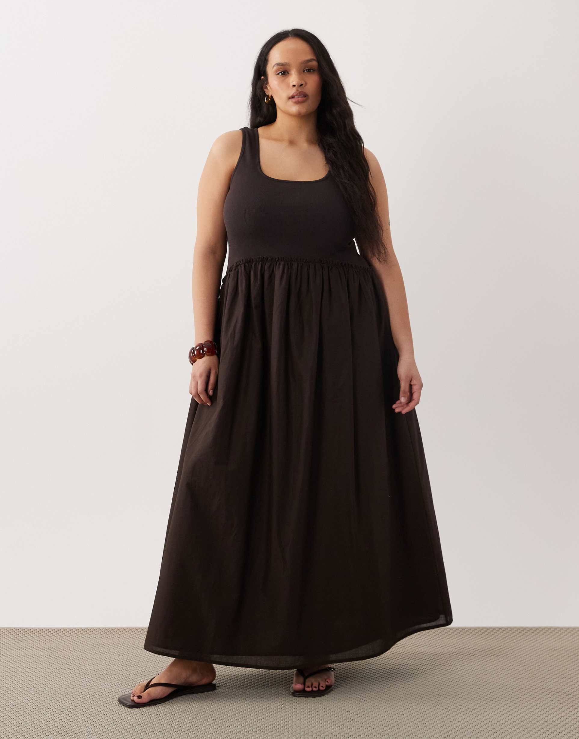asos design curve scoop ribbed bodice with poplin skirt midi dress in chocolate