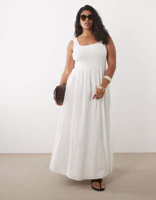 ASOS DESIGN Curve scoop ribbed bodice with poplin skirt midi dress in white