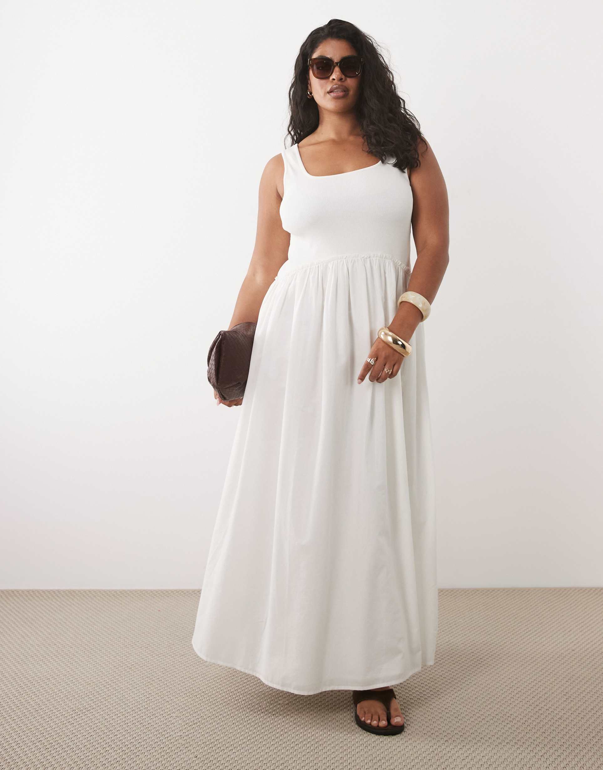 asos design curve scoop ribbed bodice with poplin skirt midi dress in white