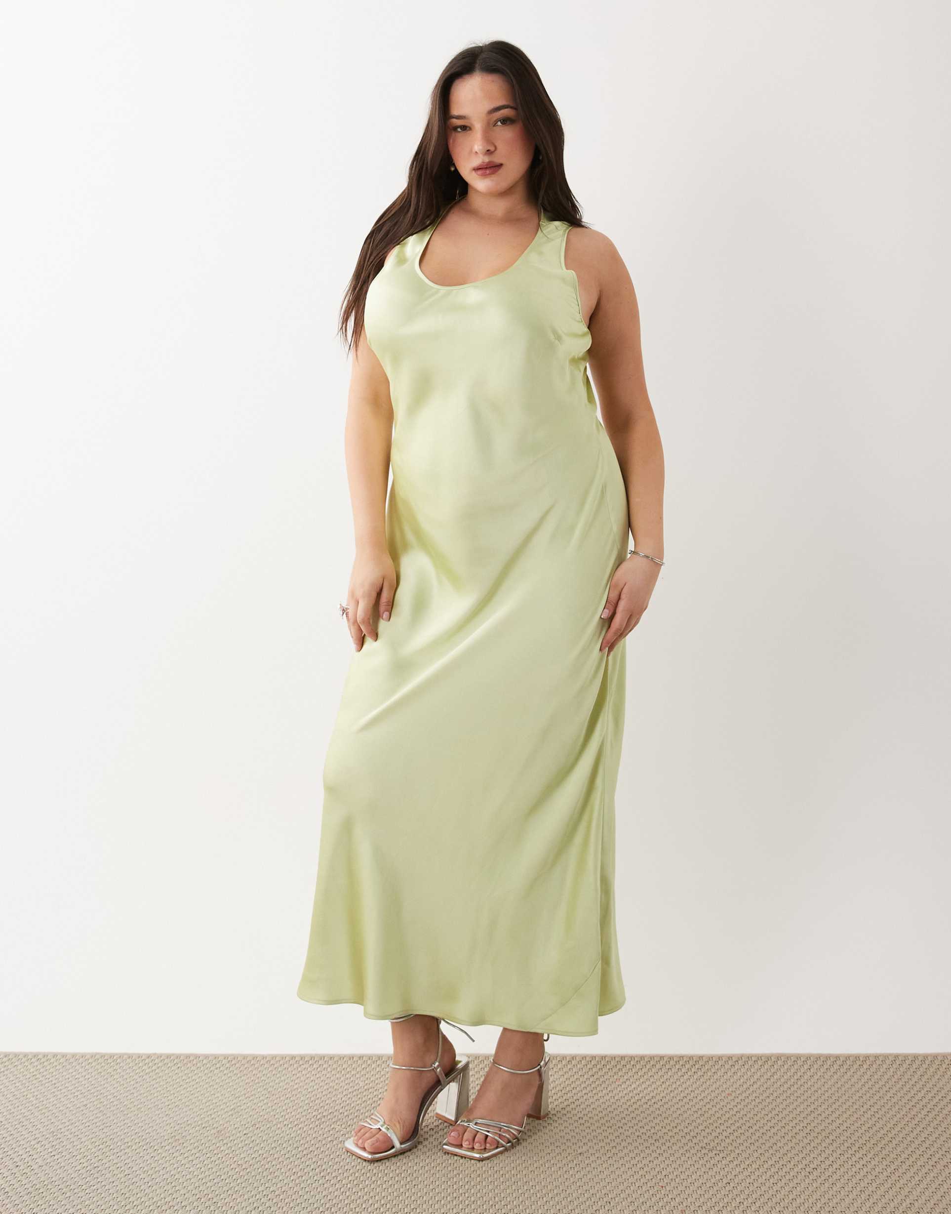 asos design curve scoop satin maxi dress in lime green