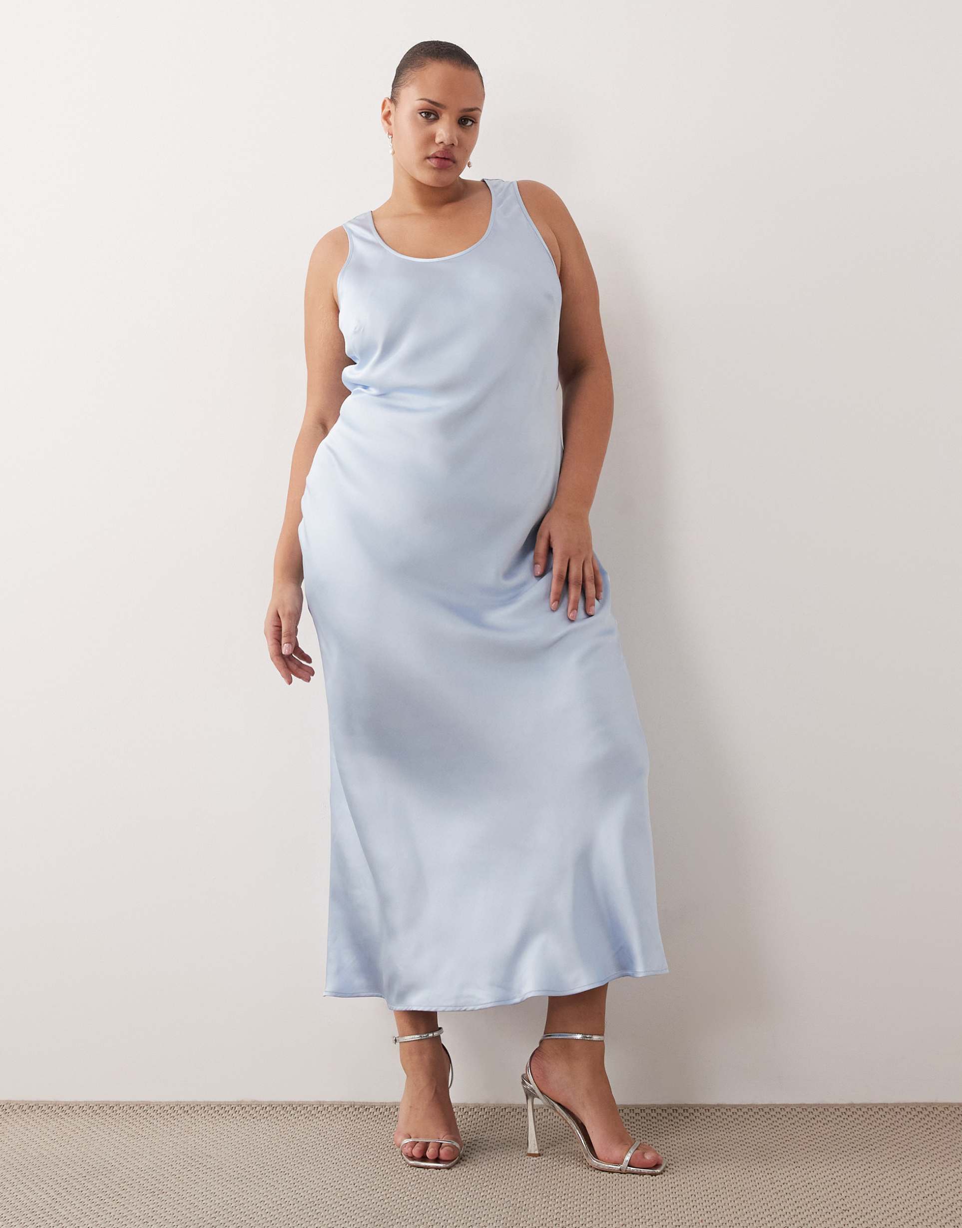 asos design curve scoop satin maxi dress in pale blue