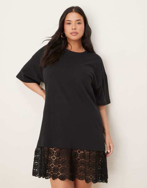 ASOS DESIGN Curve scoop t-shirt mini dress with lace hem - view 1