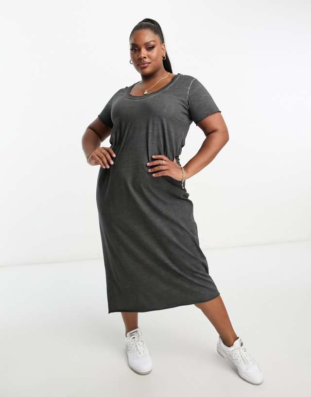 ASOS DESIGN Curve scoop v neck t-shirt dress in gray acid wash