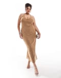 [ASOS Curve] ASOS DESIGN Curve scooped halter neck midi dress in laser cut hotfix in tan-Brown 18 Tan