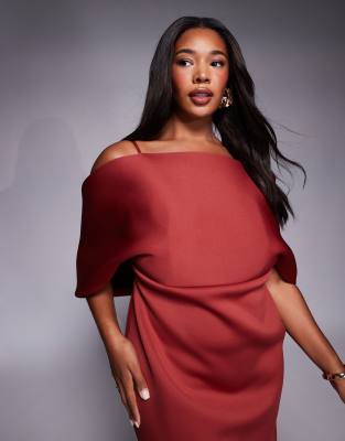 ASOS CURVE ASOS DESIGN CURVE SCUBA DEEP BARDOT MIDI DRESS WITH CAPE BACK DETAIL 