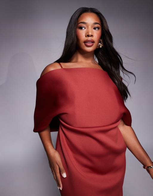 ASOS DESIGN Curve scuba deep bardot midi dress with cape back detail in chocolate