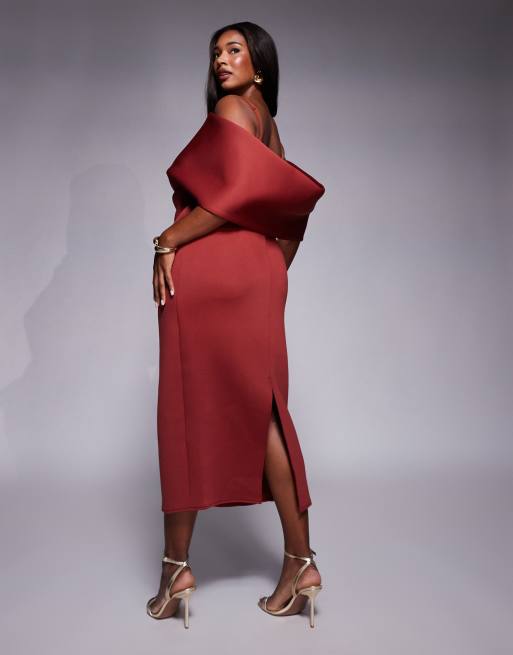 ASOS DESIGN Curve scuba deep bardot midi dress with cape back detail in chocolate