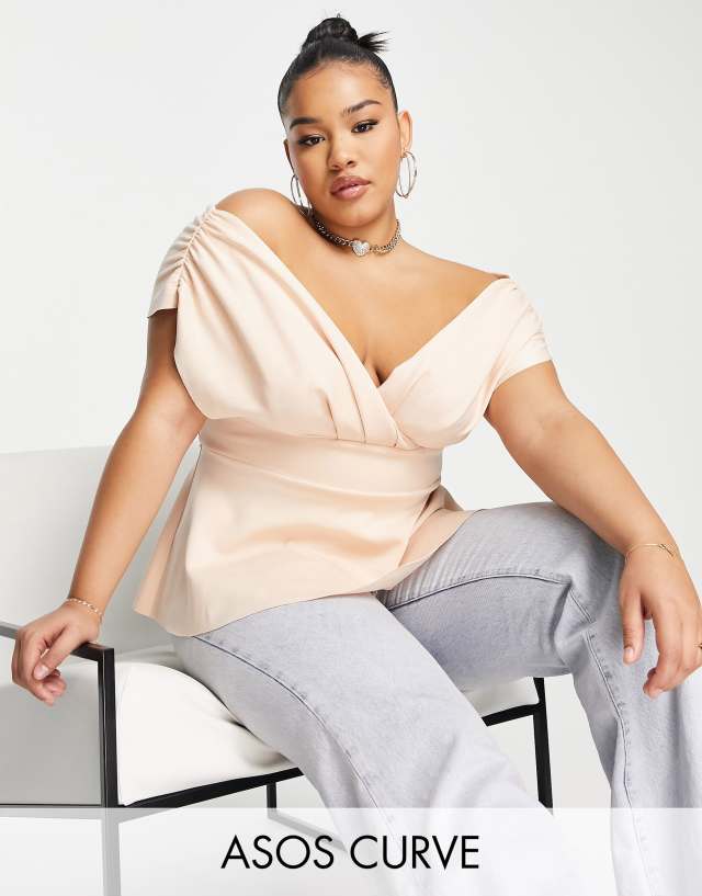 ASOS DESIGN Curve scuba fallen shoulder top in blush