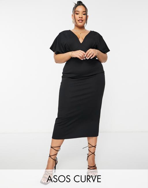 ASOS DESIGN Curve - Scuba-midikjole med flagermusærmer i sort