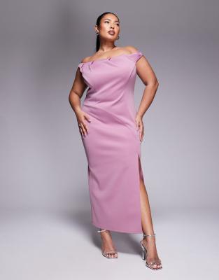 ASOS DESIGN Curve - Scuba-Midikleid in Rosé mit gefaltetem Carmen-Ausschnitt-Rot