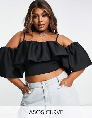 Asos Curve Asos Design Curve Scuba Off Shoulder Top With Exaggerated Sleeve In Black