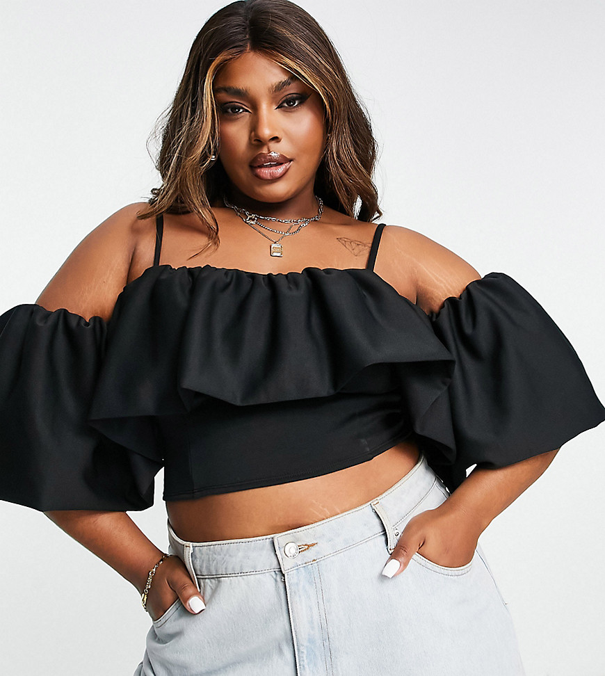 ASOS DESIGN Curve scuba off shoulder top with exaggerated sleeve in black