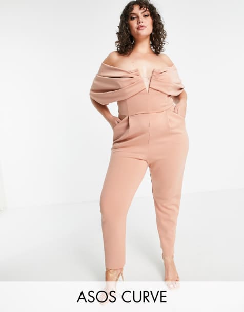 ASOS DESIGN Curve scuba off shoulder v bar slim leg jumpsuit - view 1